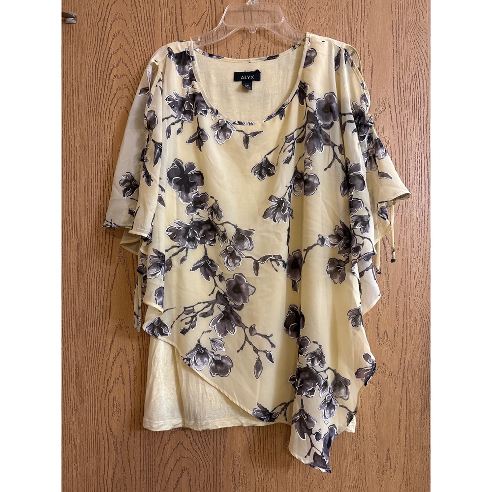 Alyx Women XXL Floral Layered Chiffon Cold Shoulder Top Yellow Flowy Bow Gray